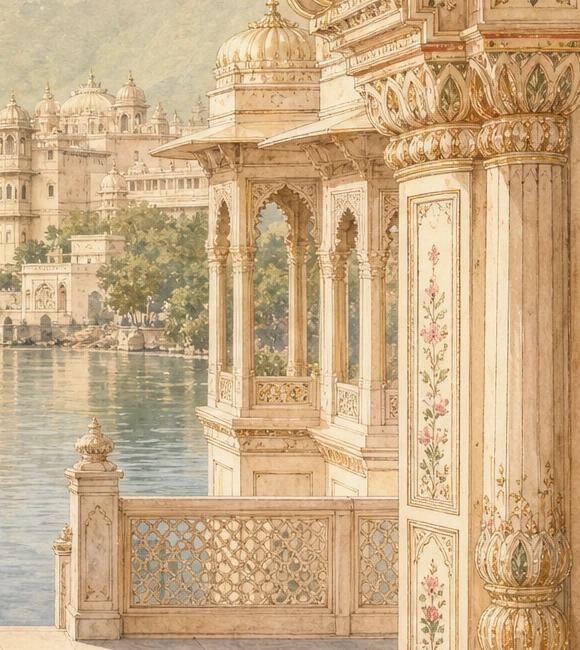Carved columns, a lakeside pavilion and delicate jaali, a close-up from the same palace painting