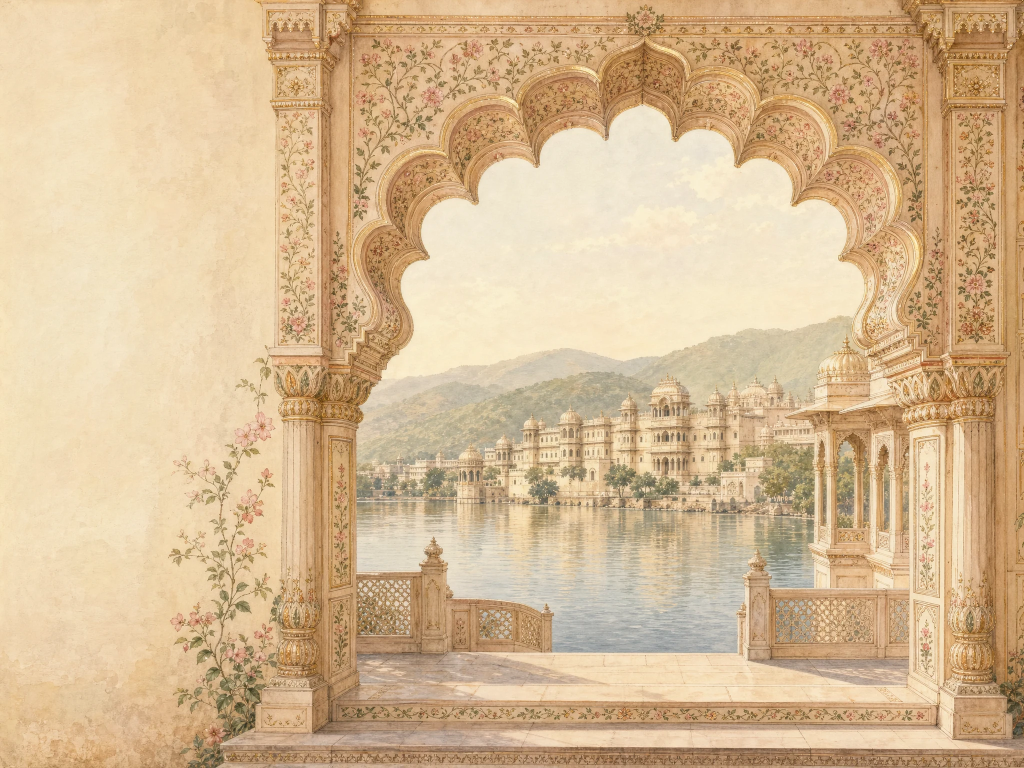 An intricate Indian-inspired painting of a floral scalloped arch, carved ivory columns and a palace reflected in a quiet lake, in faded rose and soft gold